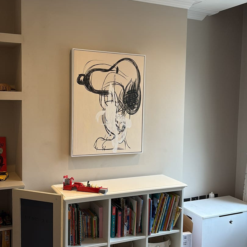 Abstract, textured, cartoon-style wall art painting for a child's room.