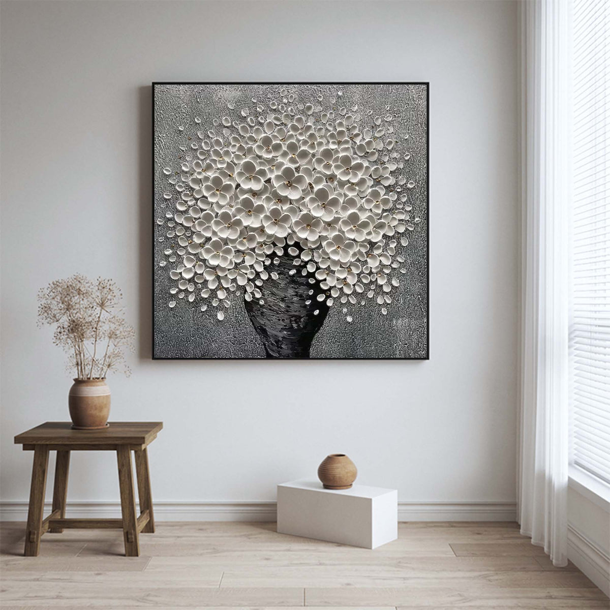 Framed hand-painted contemporary botanical heavy texture artwork styled in a luxury modern dining room
