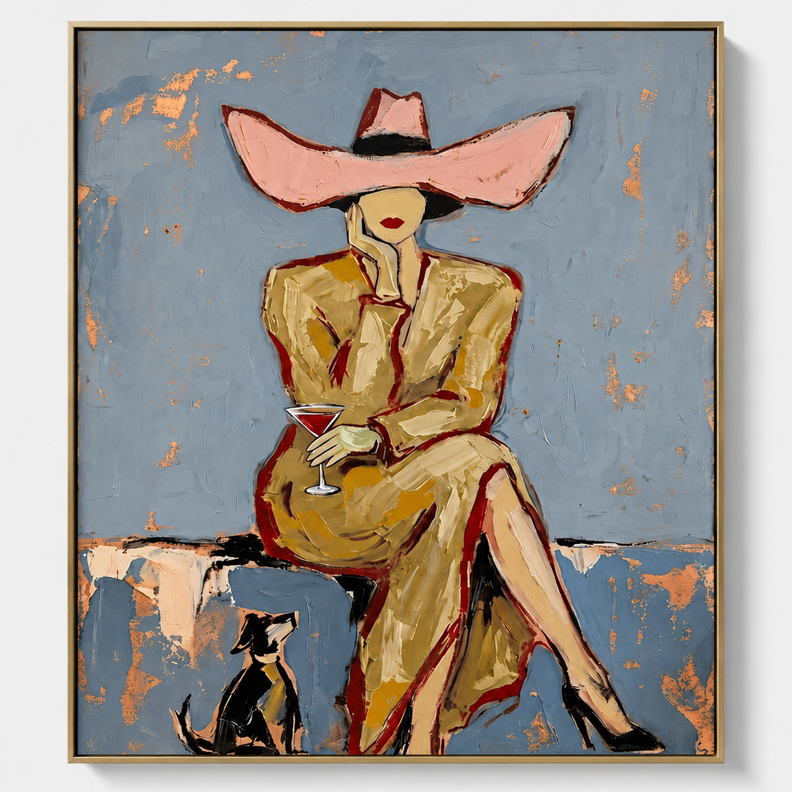 A framed abstract painting of a seated woman in a wide pink hat and tan dress holding a glass, with a small dog at the lower left, set against a distressed blue background.