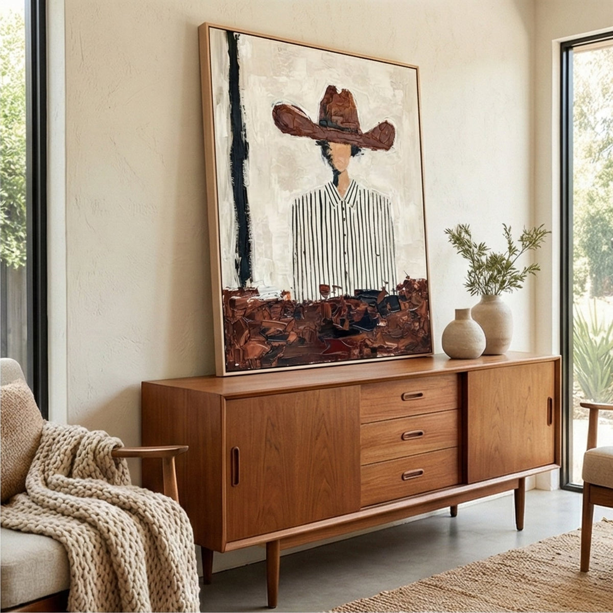Abstract wide brim cowboy hat canvas painting creating a striking gallery focal point along a staircase wall.