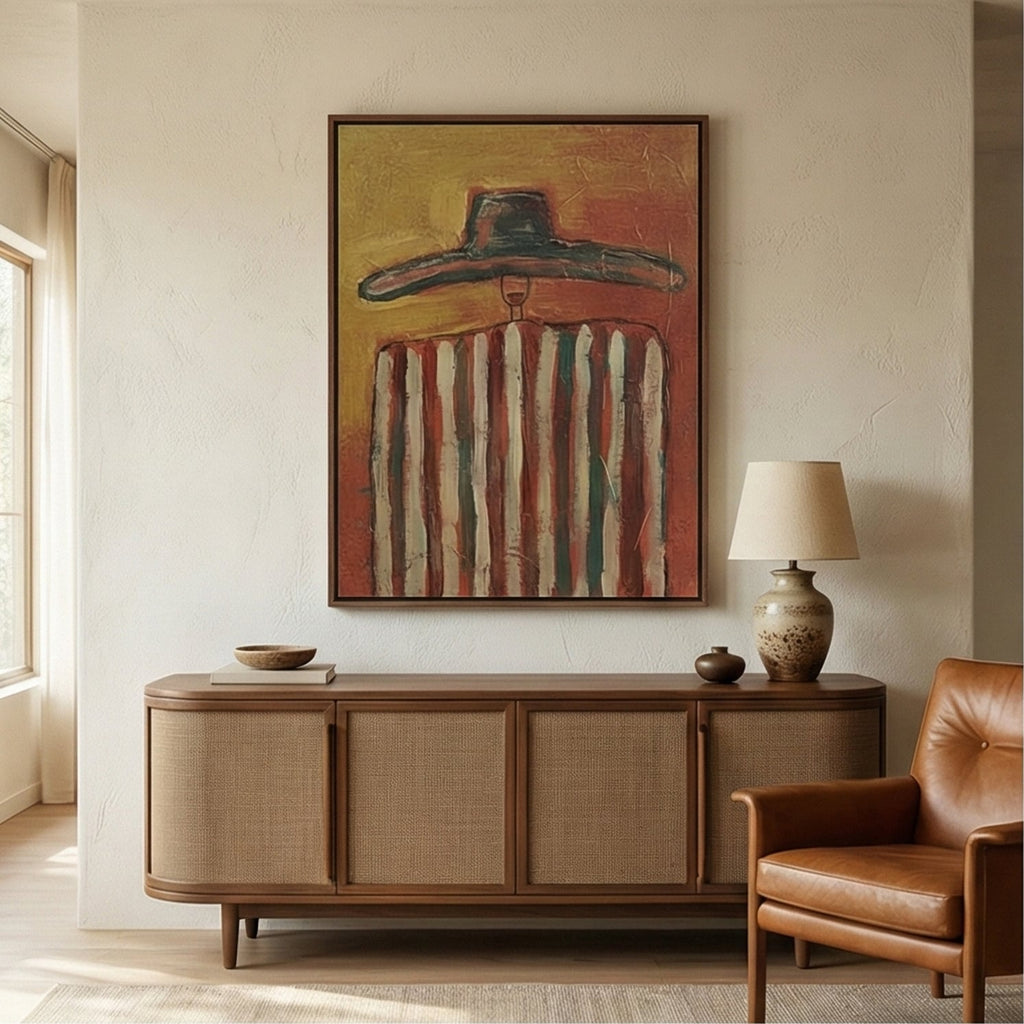 Warm color cowboy portrait plaster art adding retro Southwestern charm to a home office reading corner next to a leather armchair