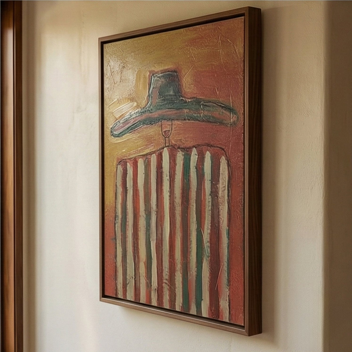 Rustic Western cowboy abstract canvas painting hung above a weathered oak console table in a warm entryway