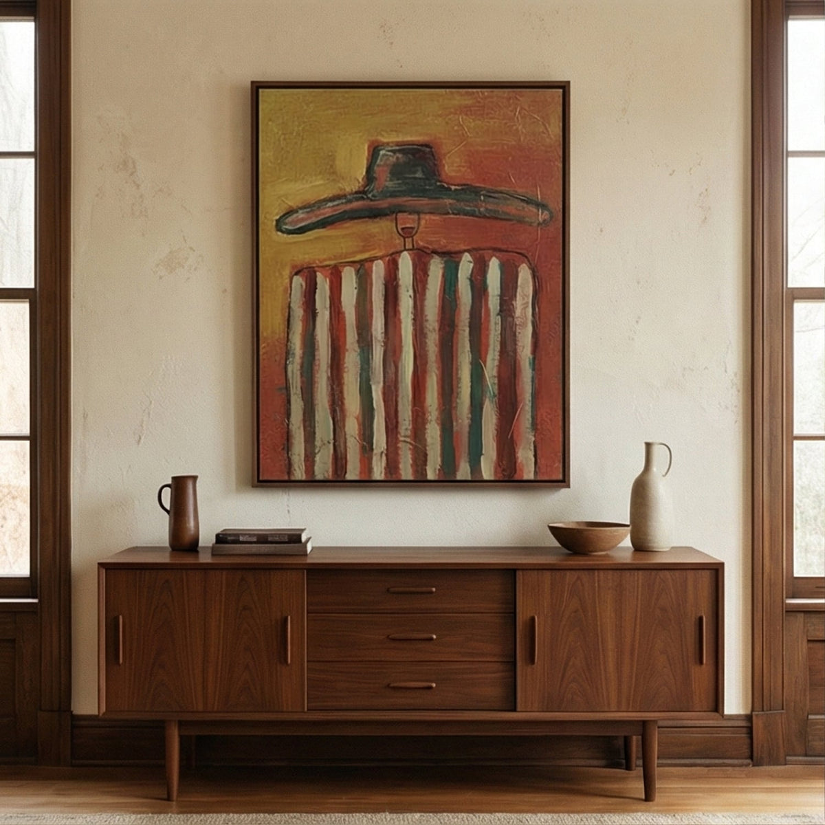 Bold Western cowboy abstract canvas displayed above a dark wood sideboard in a mid century dining space