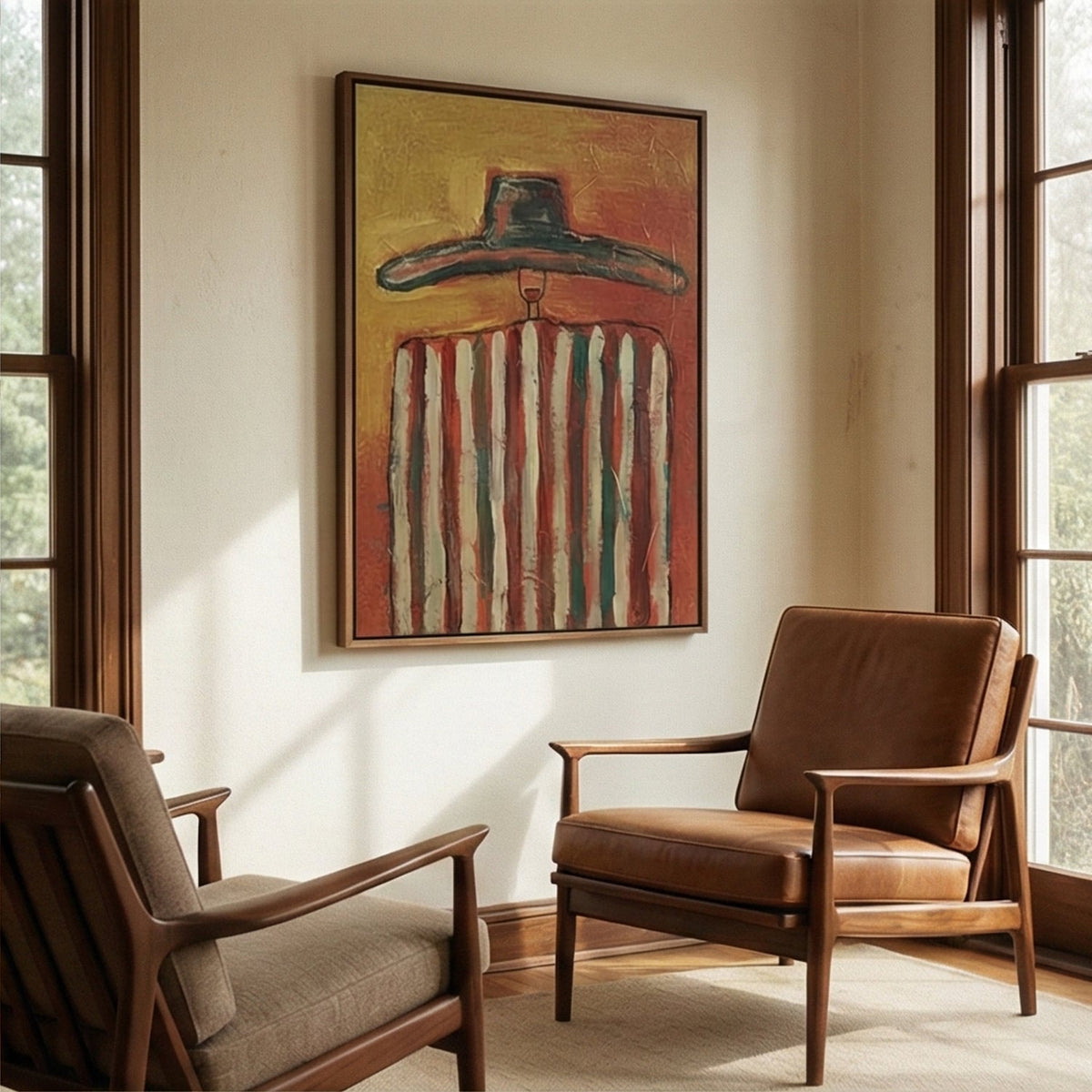 Vibrant plaster texture cowboy artwork serving as a cozy focal point over a brick fireplace mantel in a family room