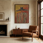 Impasto Western figure canvas painting filling the tall accent wall of a sunlit staircase landing