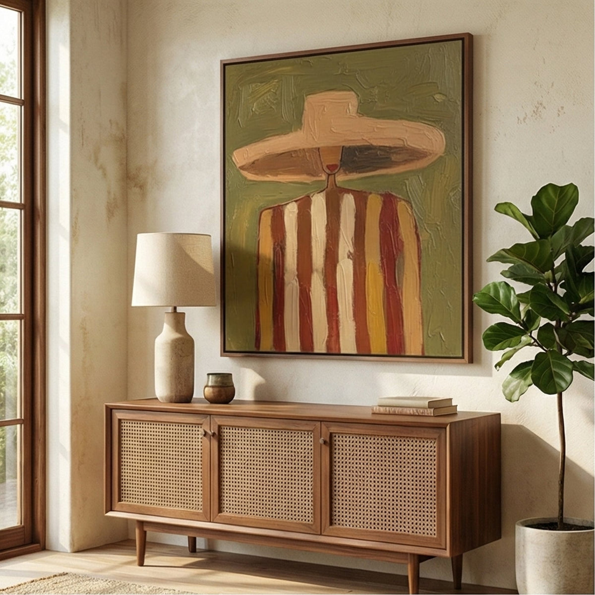 Bold cowboy hat abstract artwork creating a stylish focal point over a rustic sideboard in a dining room