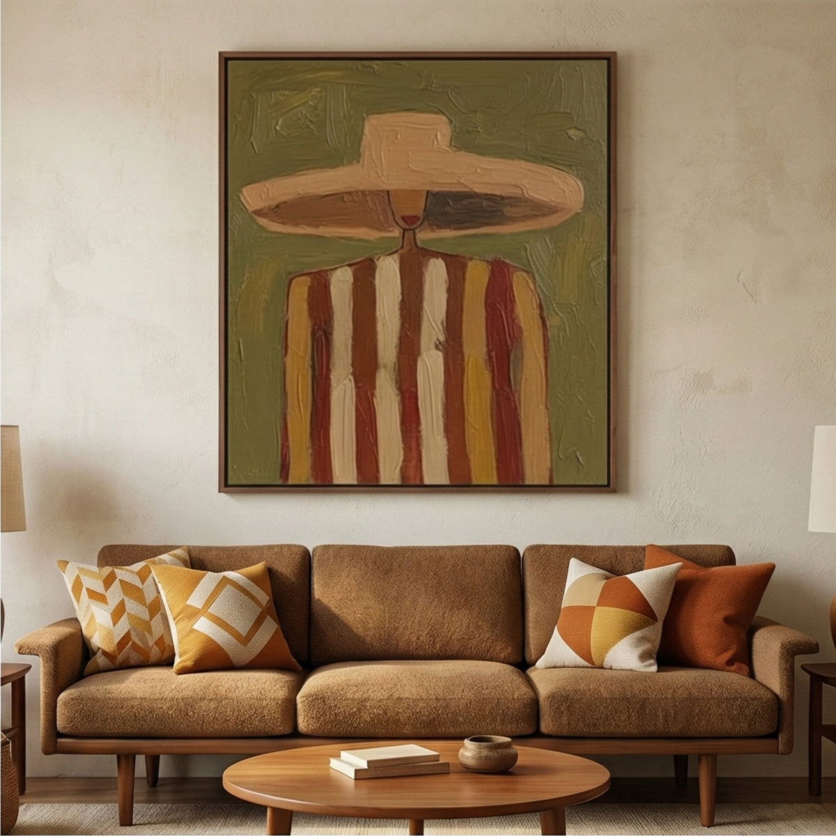 Western abstract portrait canvas print bringing retro artistic flair to a home office lounge reading corner