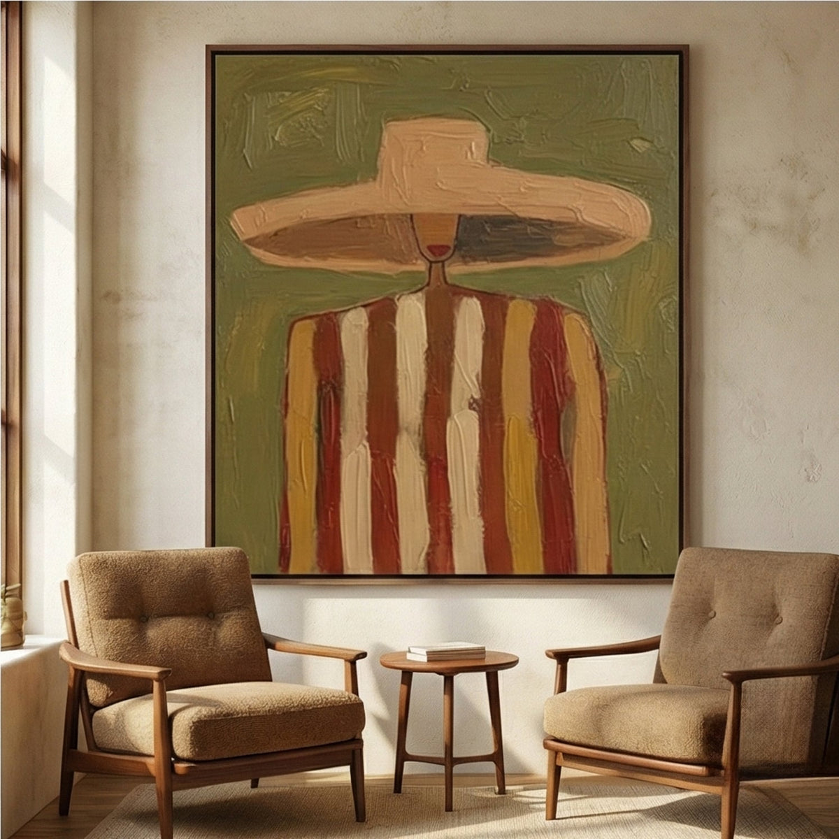 Southwestern portrait impasto plaster artwork displayed over a dark wood console table in a warm entry foyer