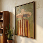 Western abstract figure canvas painting mounted above a cognac leather sofa in a rustic modern living room