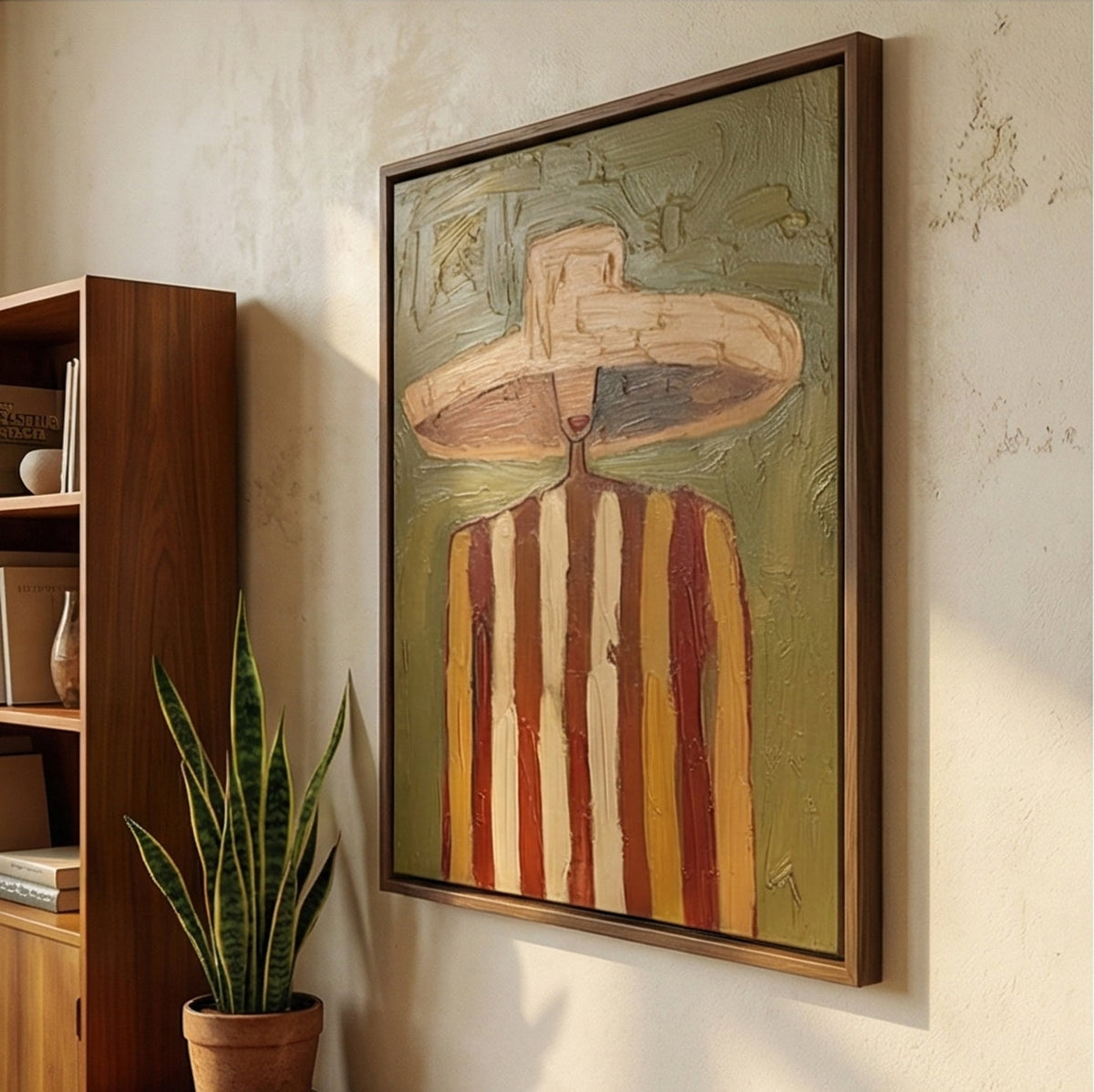 Western abstract figure canvas painting mounted above a cognac leather sofa in a rustic modern living room