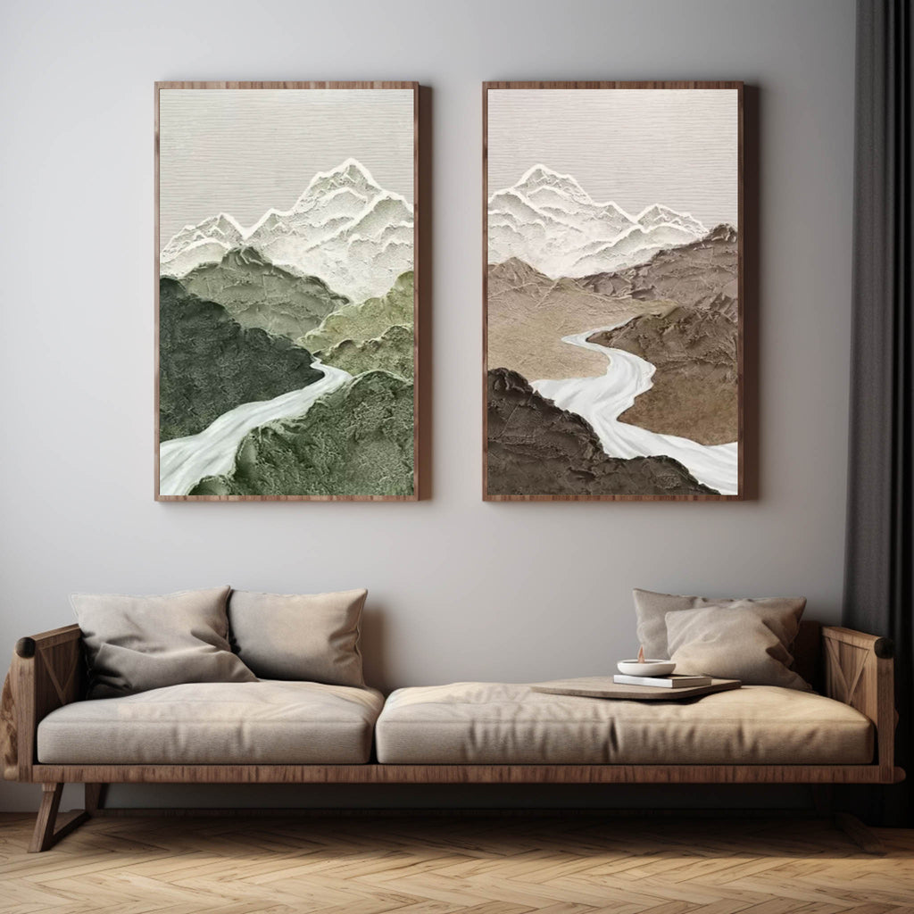 Close-up macro view highlighting the thick white impasto river details and heavy plaster ridges on Parge Art canvas set.