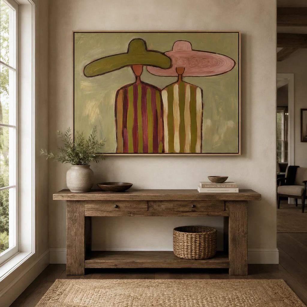 Abstract woman in hat canvas painting bringing refined vintage charm to a brick fireplace mantel in a cabin.