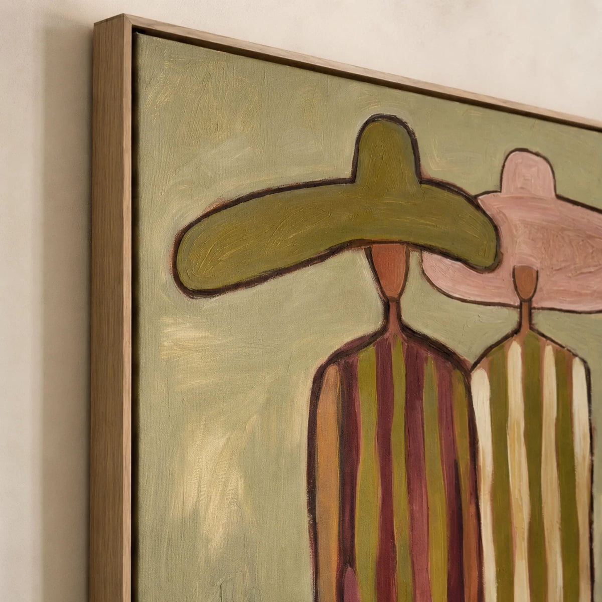 Sophisticated 3D textured folk art portrait canvas creating an elegant focal point on a home office library wall.