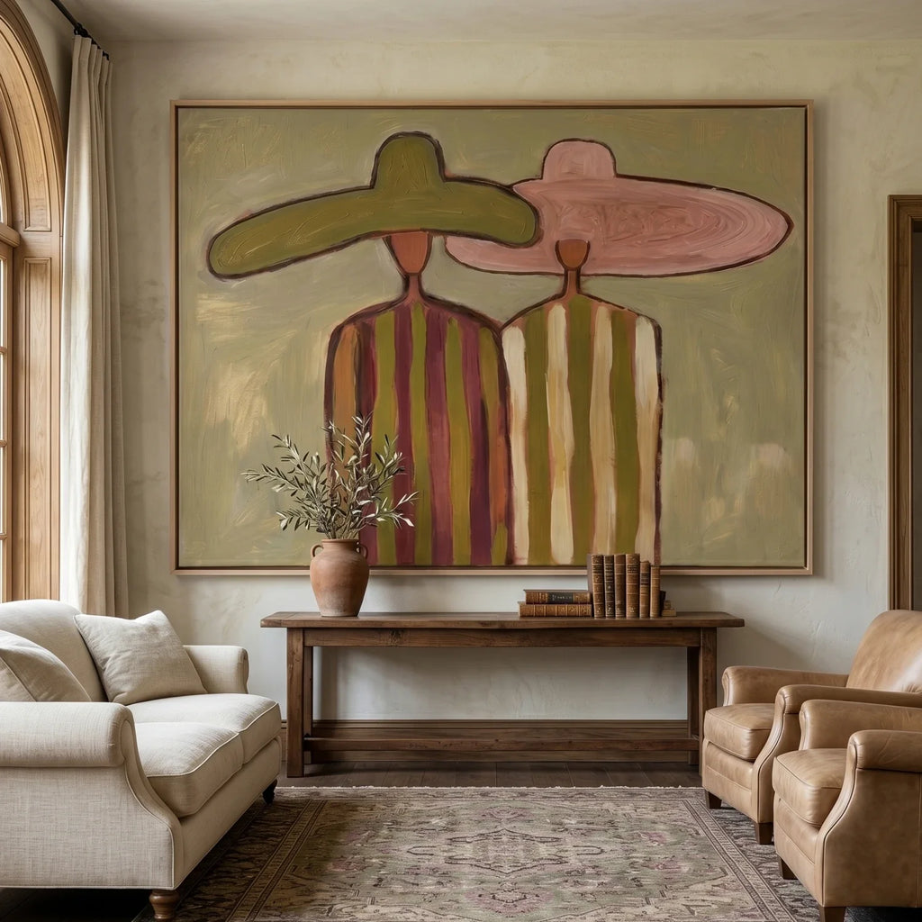 Companions vintage abstract portrait wall art showcasing ladies in wide brim hats canvas by Parge Art.