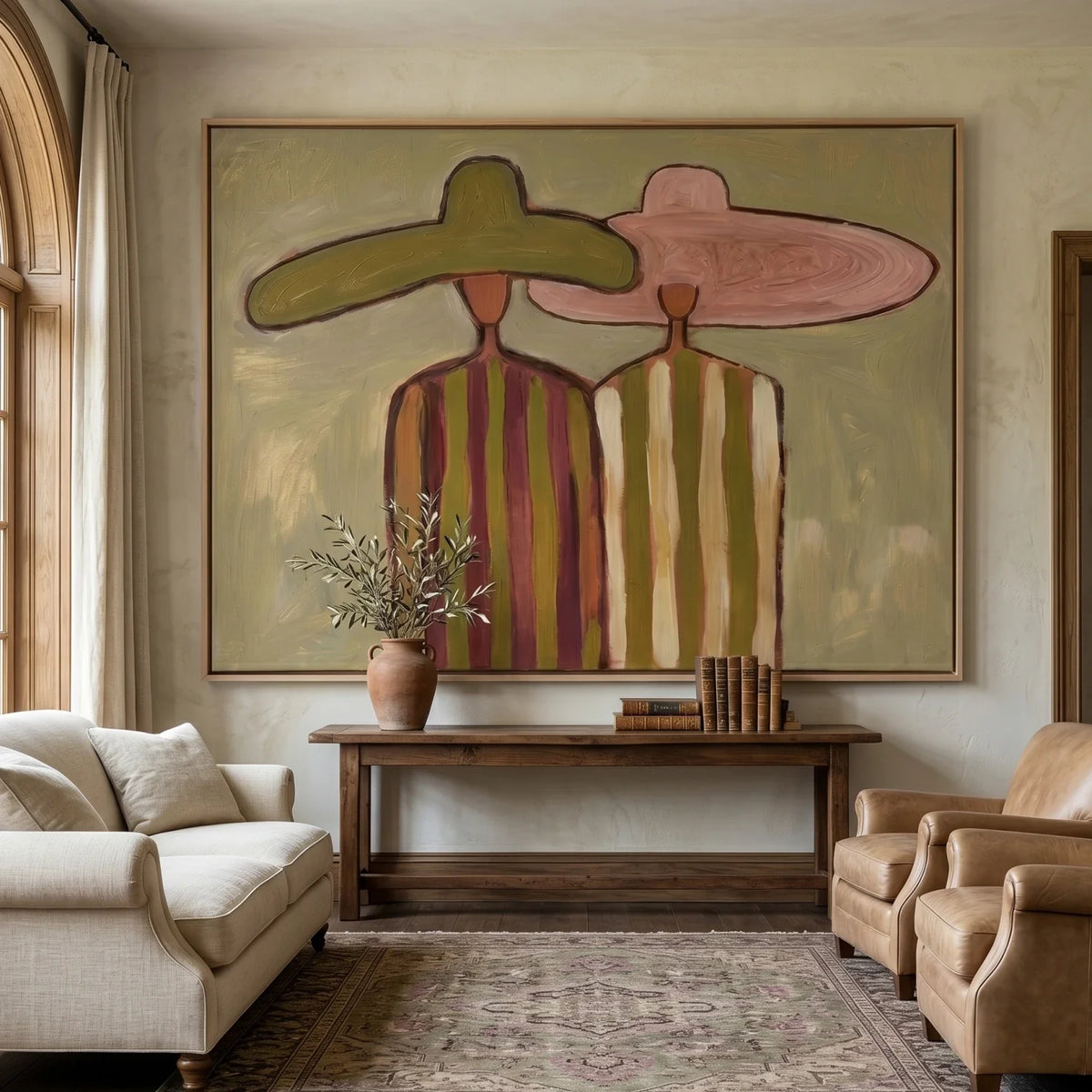 Companions vintage abstract portrait wall art showcasing ladies in wide brim hats canvas by Parge Art.