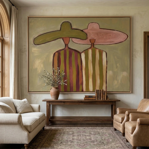 Companions vintage abstract portrait wall art showcasing ladies in wide brim hats canvas by Parge Art.