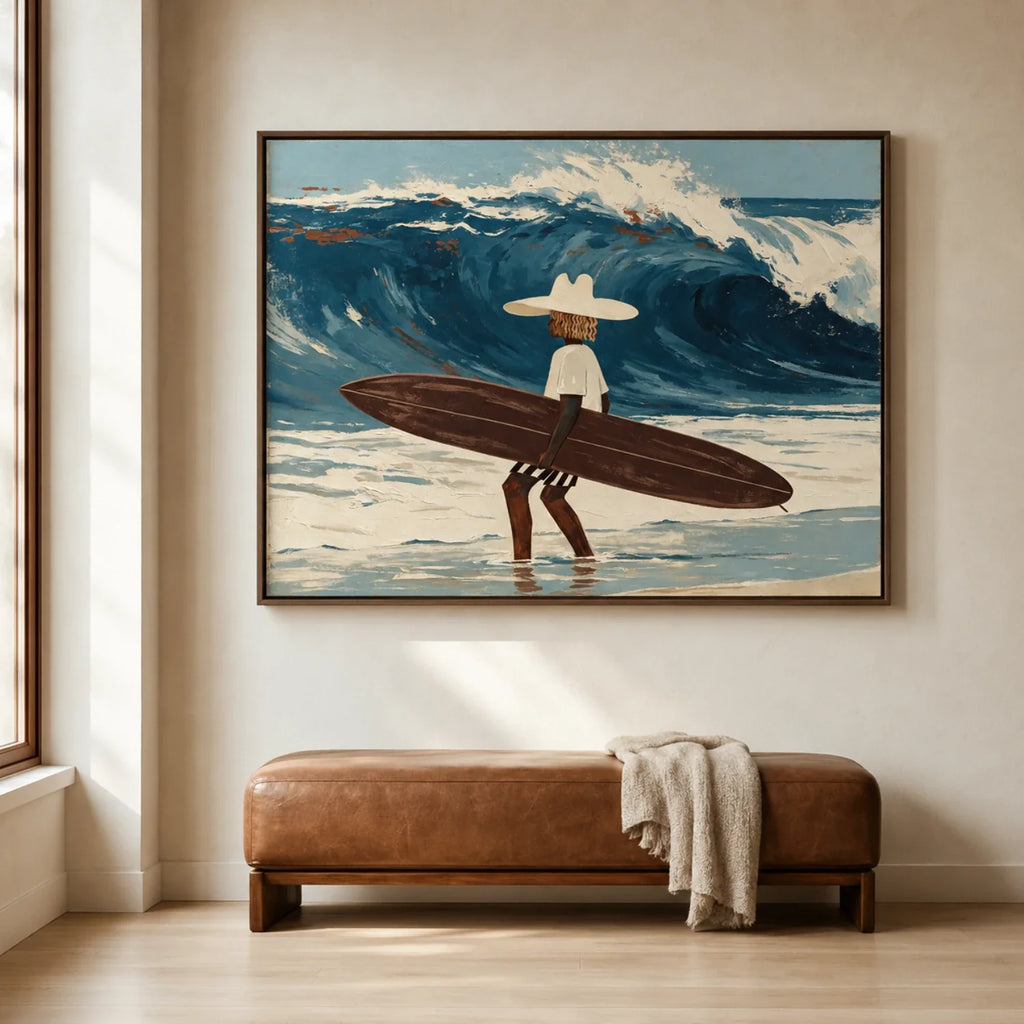 Outrider surfer ocean canvas wall art featuring a figure with a surfboard against crashing blue waves with impasto texture