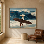 Coastal surfer ocean wave art print creating a bold focal point over a dark walnut credenza in a dining room