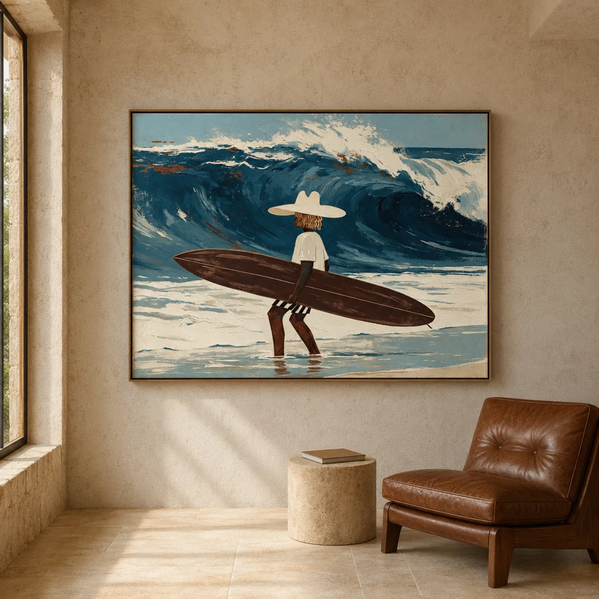 Coastal surfer ocean wave art print creating a bold focal point over a dark walnut credenza in a dining room