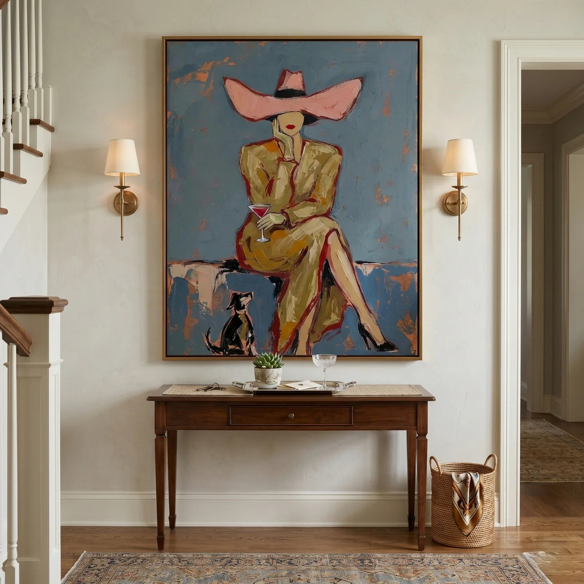 Glamorous lady in yellow dress canvas painting elevating a mid-century modern lounge area near an armchair.