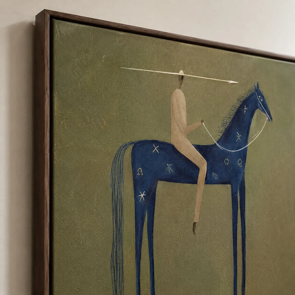 Modern folk horse canvas print effortlessly completing a gallery wall setup in a cozy library.