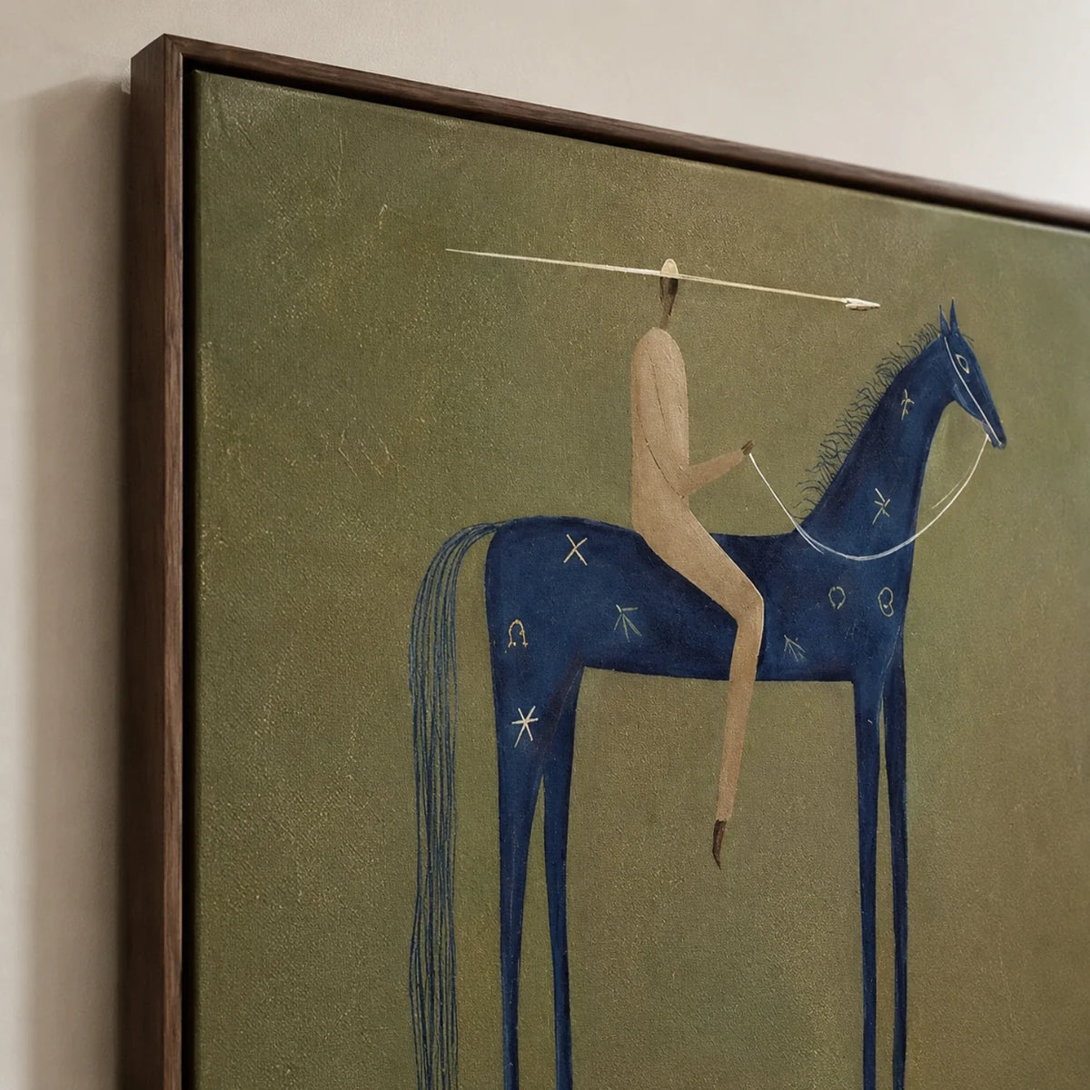 Modern folk horse canvas print effortlessly completing a gallery wall setup in a cozy library.