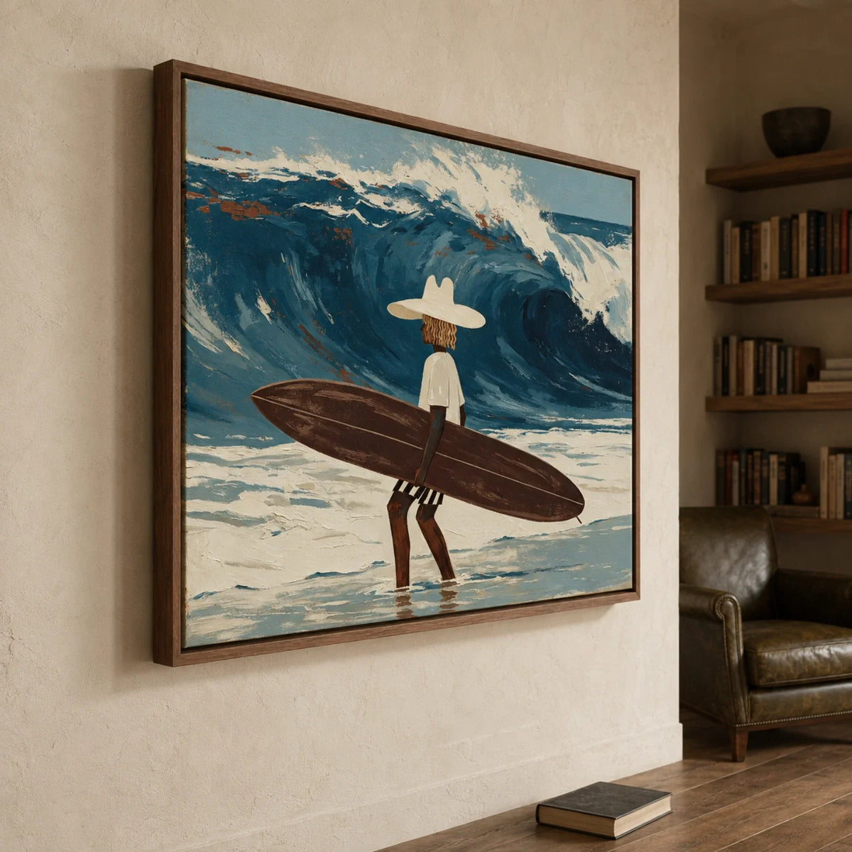 Tropical surf ocean canvas print bringing relaxed coastal charm to a home office lounge reading corner