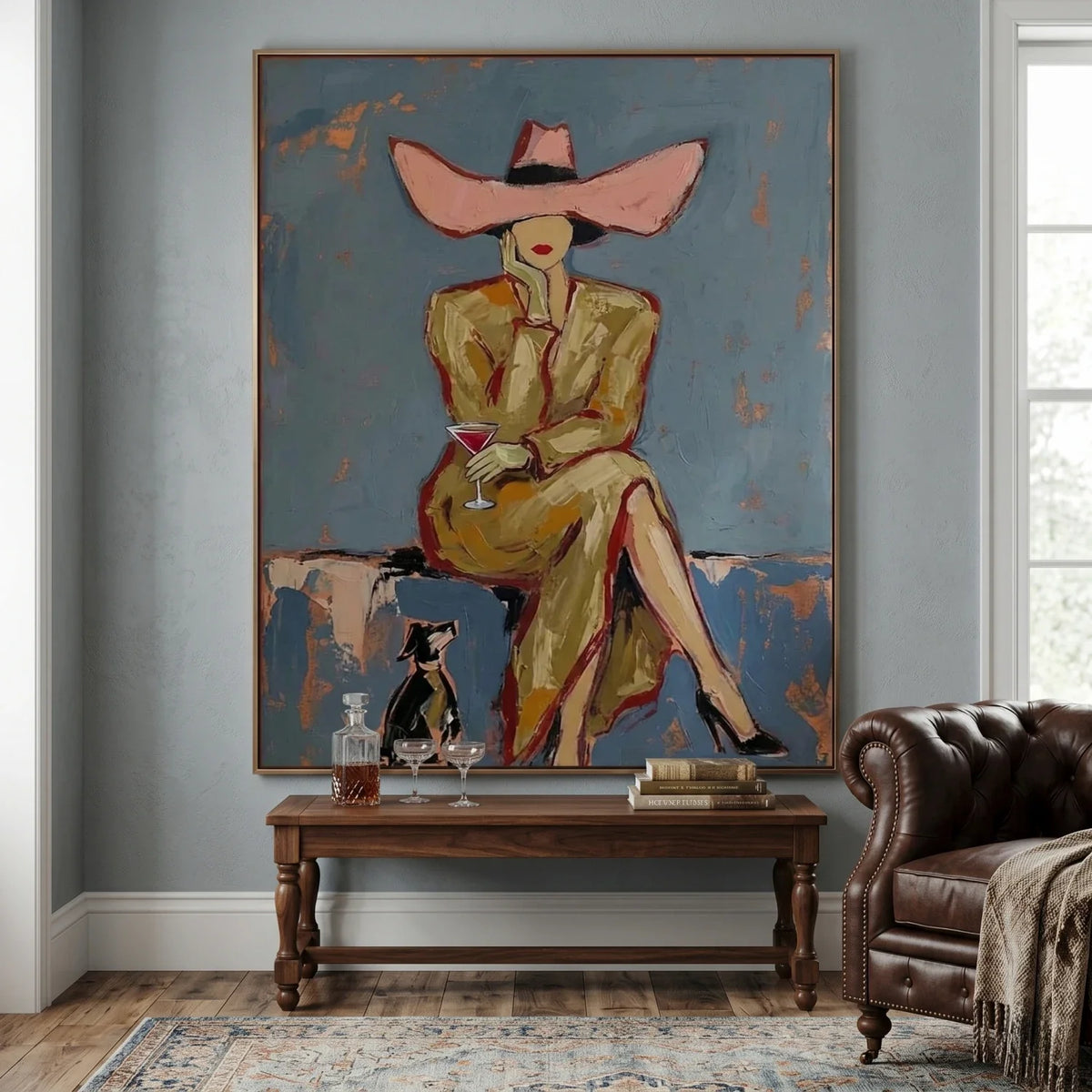 Modern chic woman portrait print effortlessly completing a vanity room or walk-in closet wall backdrop.