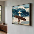 Retro ocean wave surfer artwork mounted over a warm teak wooden console table in a bright sunlit entryway foyer