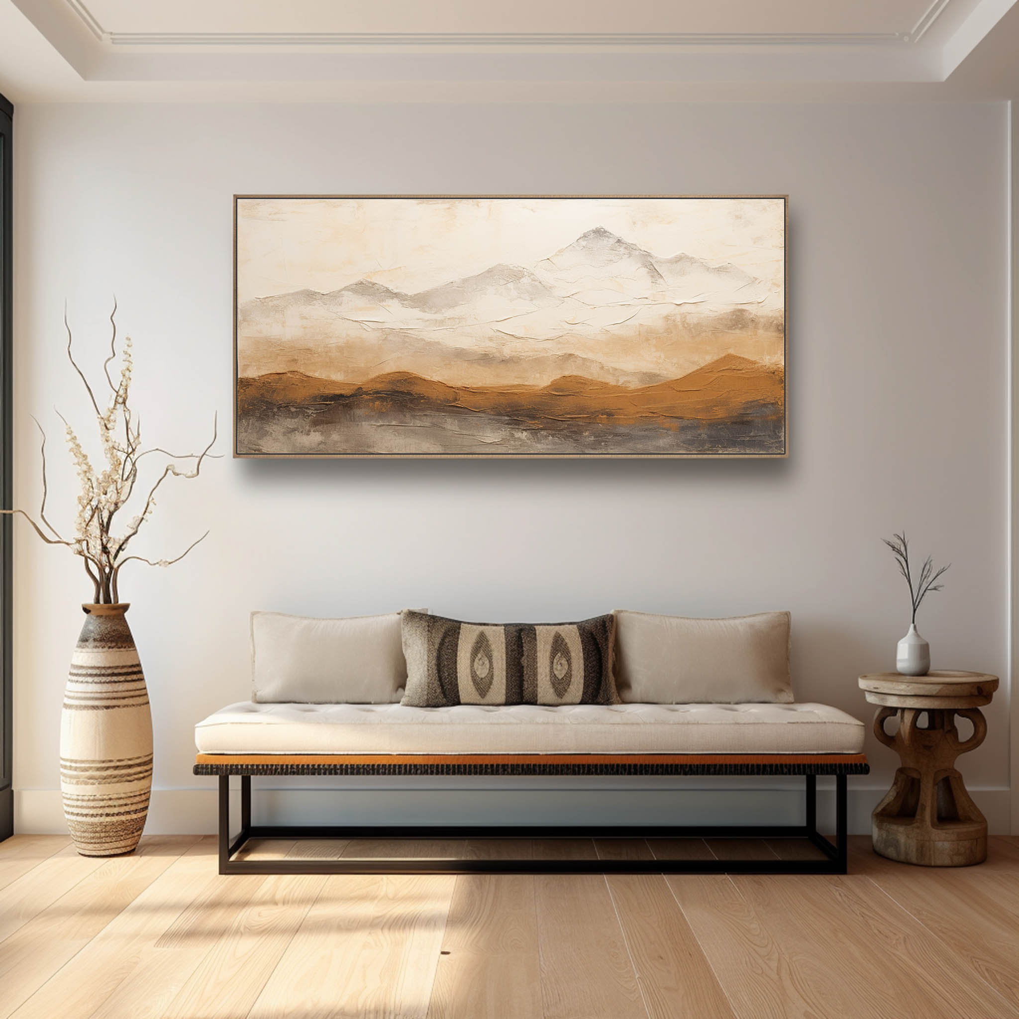 Contemporary minimalist nature inspired art piece enhancing a sleek, neutral-toned dining room wall.