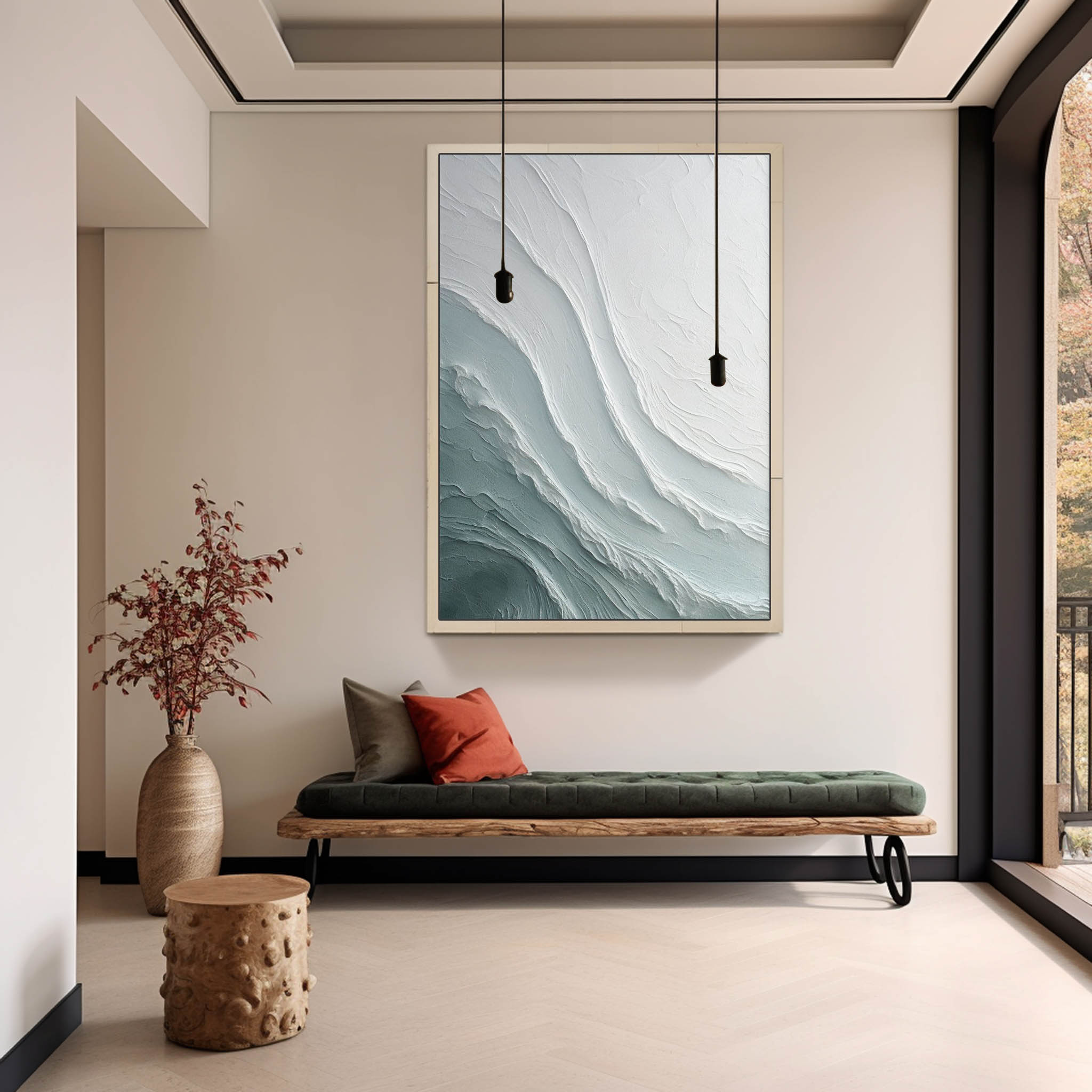Ebb Wabi-Sabi Textured Wall Art hanging in a cozy bedroom with neutral bedding and wooden accents