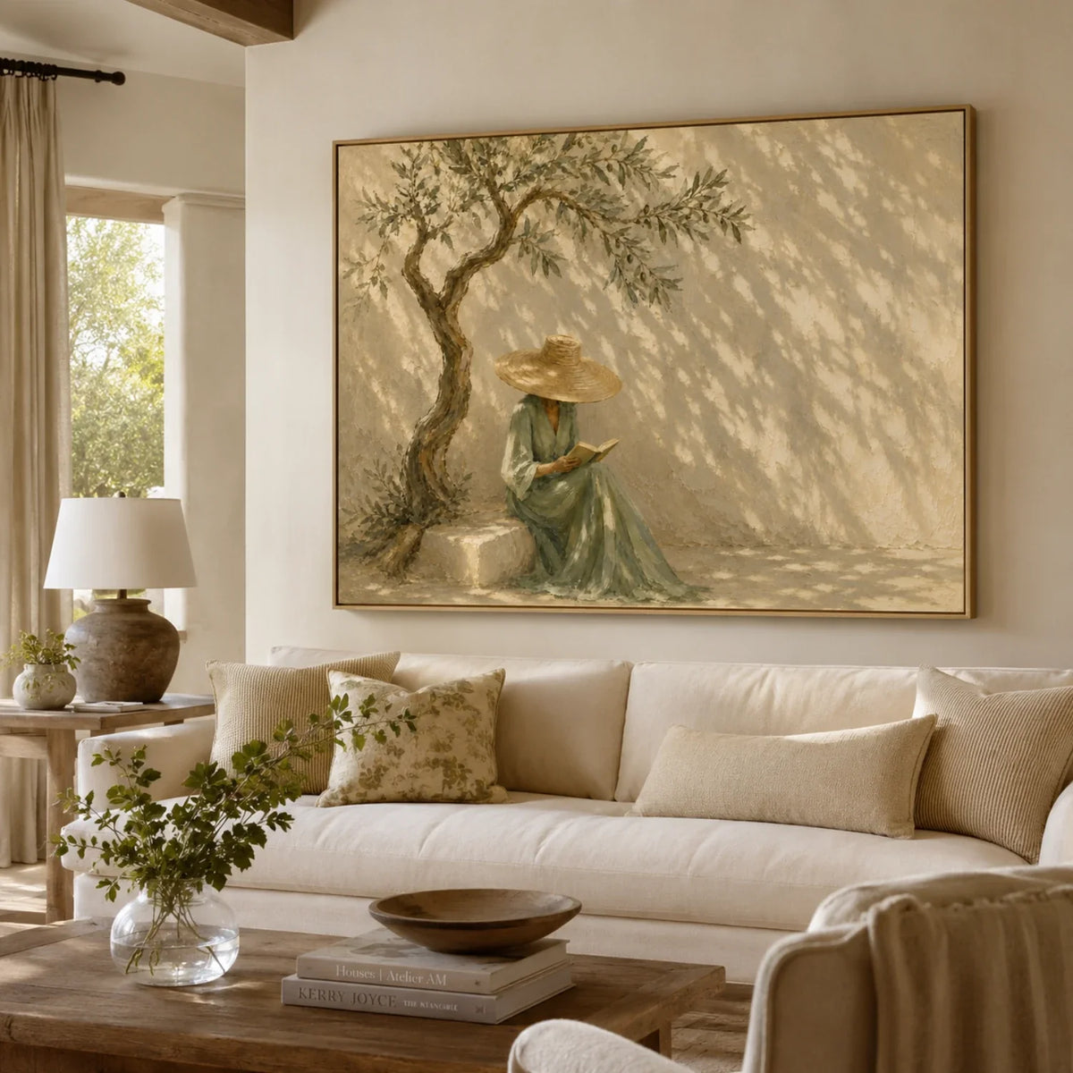 Earthy tone olive tree reading painting bringing relaxed European charm to a cozy home office lounge reading corner
