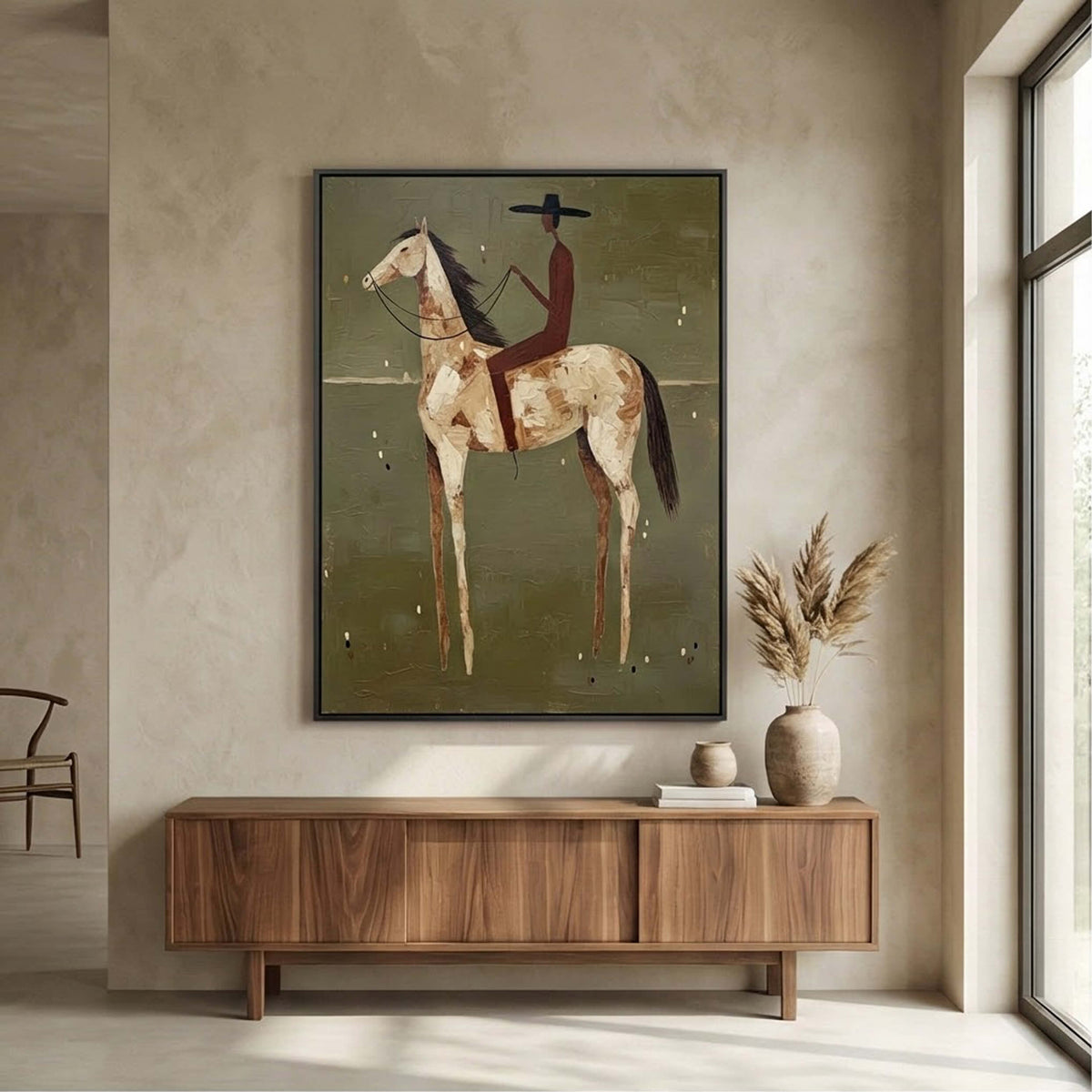 Sophisticated olive green abstract horse painting bringing refined equestrian elegance to a traditional stone fireplace.