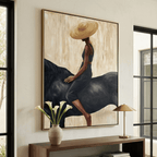 Neutral tone western rider painting styled over a mid century walnut sideboard in an entryway