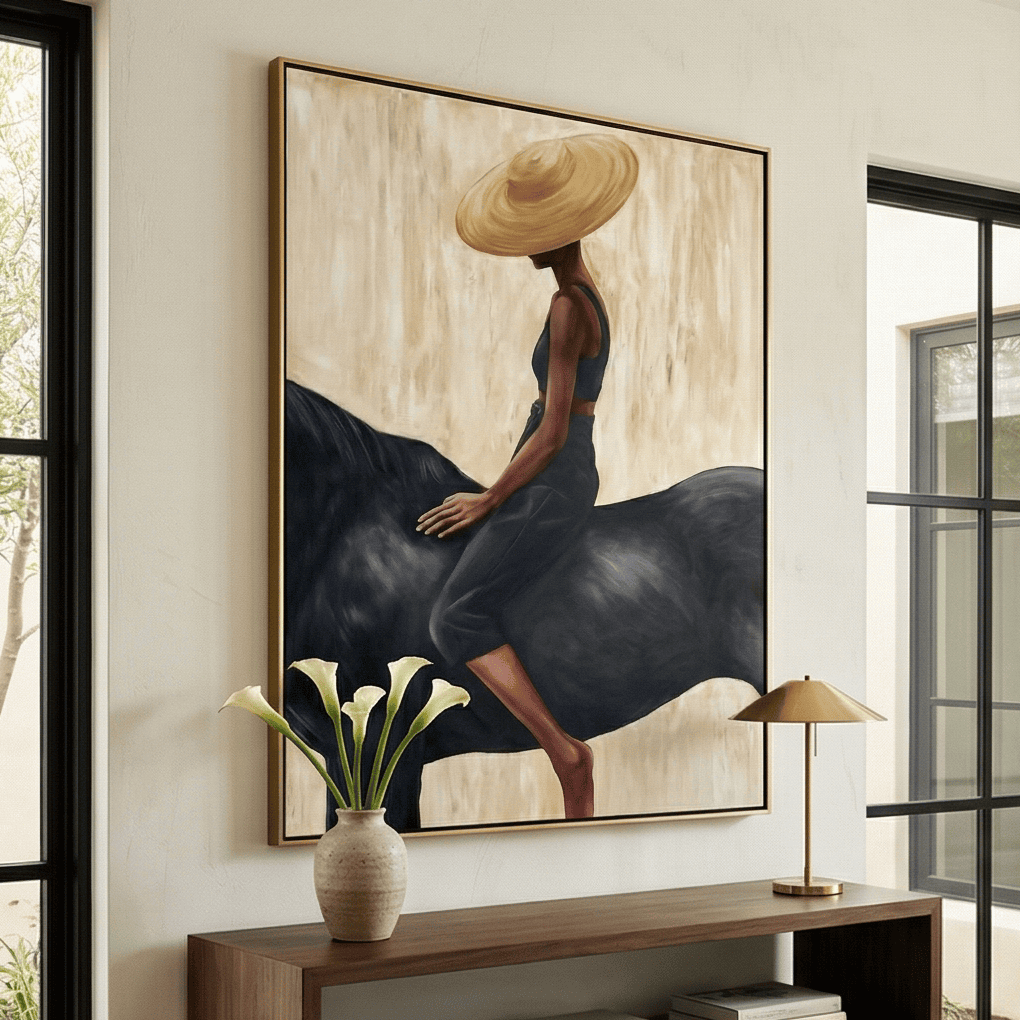 Neutral tone western rider painting styled over a mid century walnut sideboard in an entryway