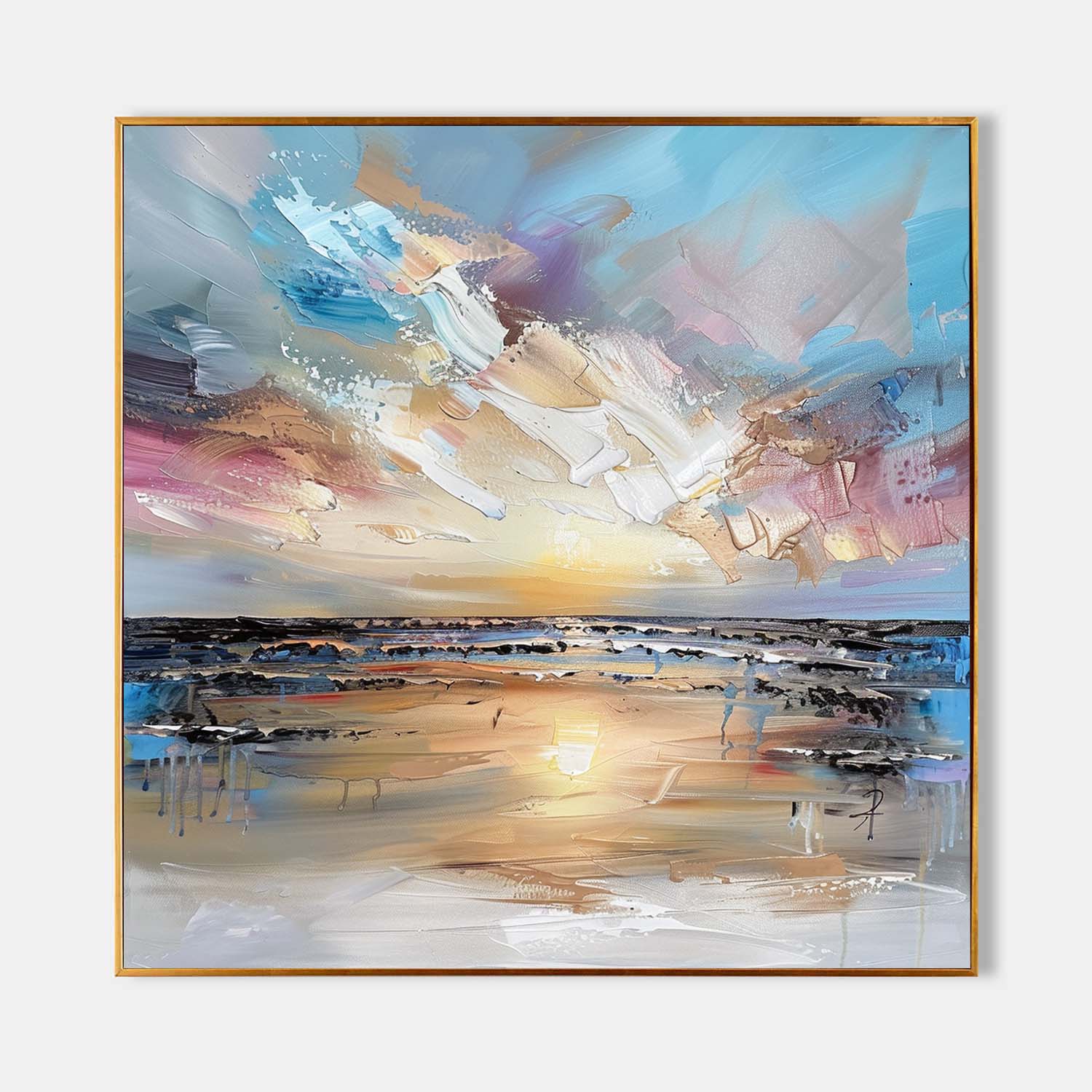 Mist coastal landscape 3D textured wall art handcrafted thick palette knife impasto beach ocean Plaster texturepainting on canvas