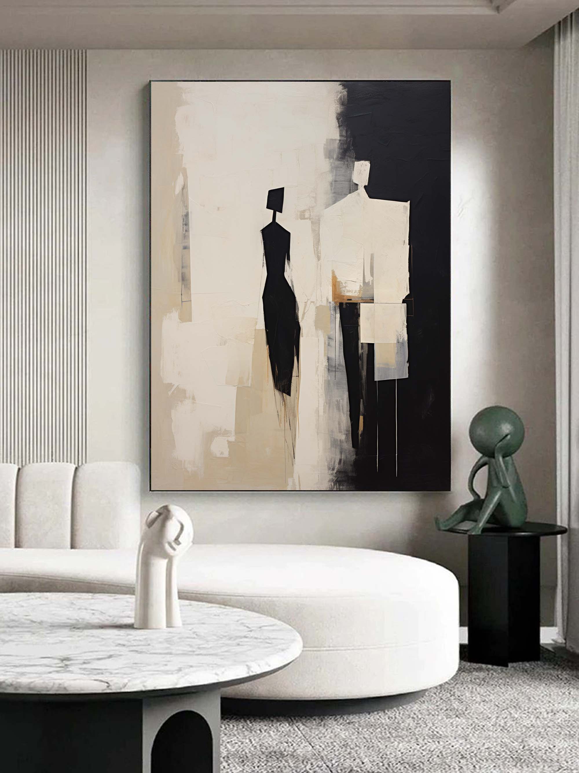 Abstract portrait wall art above sofa in modern Japandi living room interior