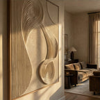 Neutral tone white lines plaster artwork creating a modern focal point over a dark walnut sideboard in a dining space