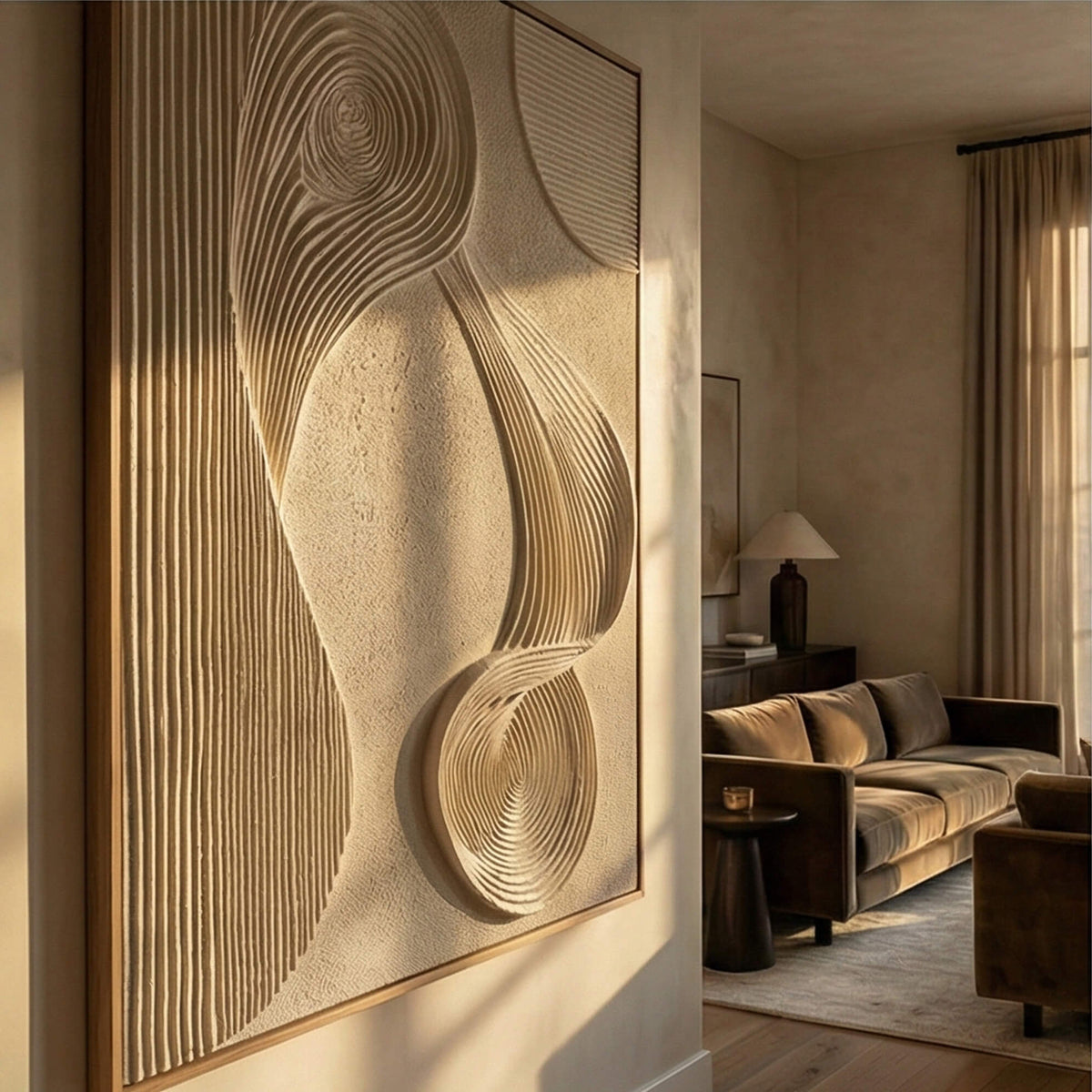 Neutral tone white lines plaster artwork creating a modern focal point over a dark walnut sideboard in a dining space