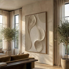 Minimalist organic plaster line painting introducing tactile depth to a cozy home office lounge reading corner