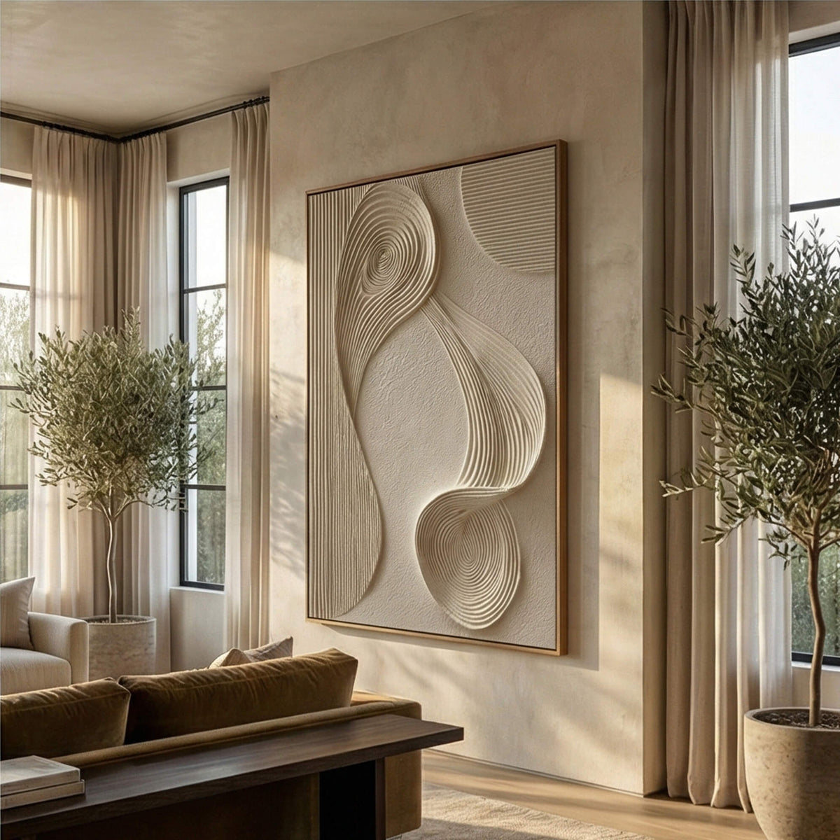 Minimalist organic plaster line painting introducing tactile depth to a cozy home office lounge reading corner