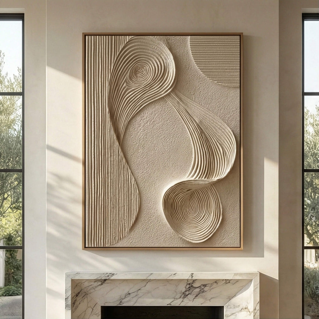 Flow white lines plaster wall art featuring swirling 3D relief organic grooves on a textured neutral beige canvas