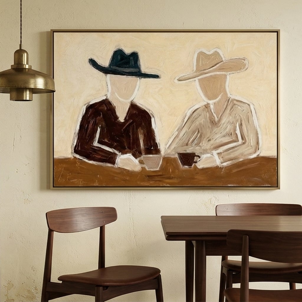 Abstract Western cowboy figure artwork mounted over a rustic reclaimed wood console table in a sunlit entryway foyer