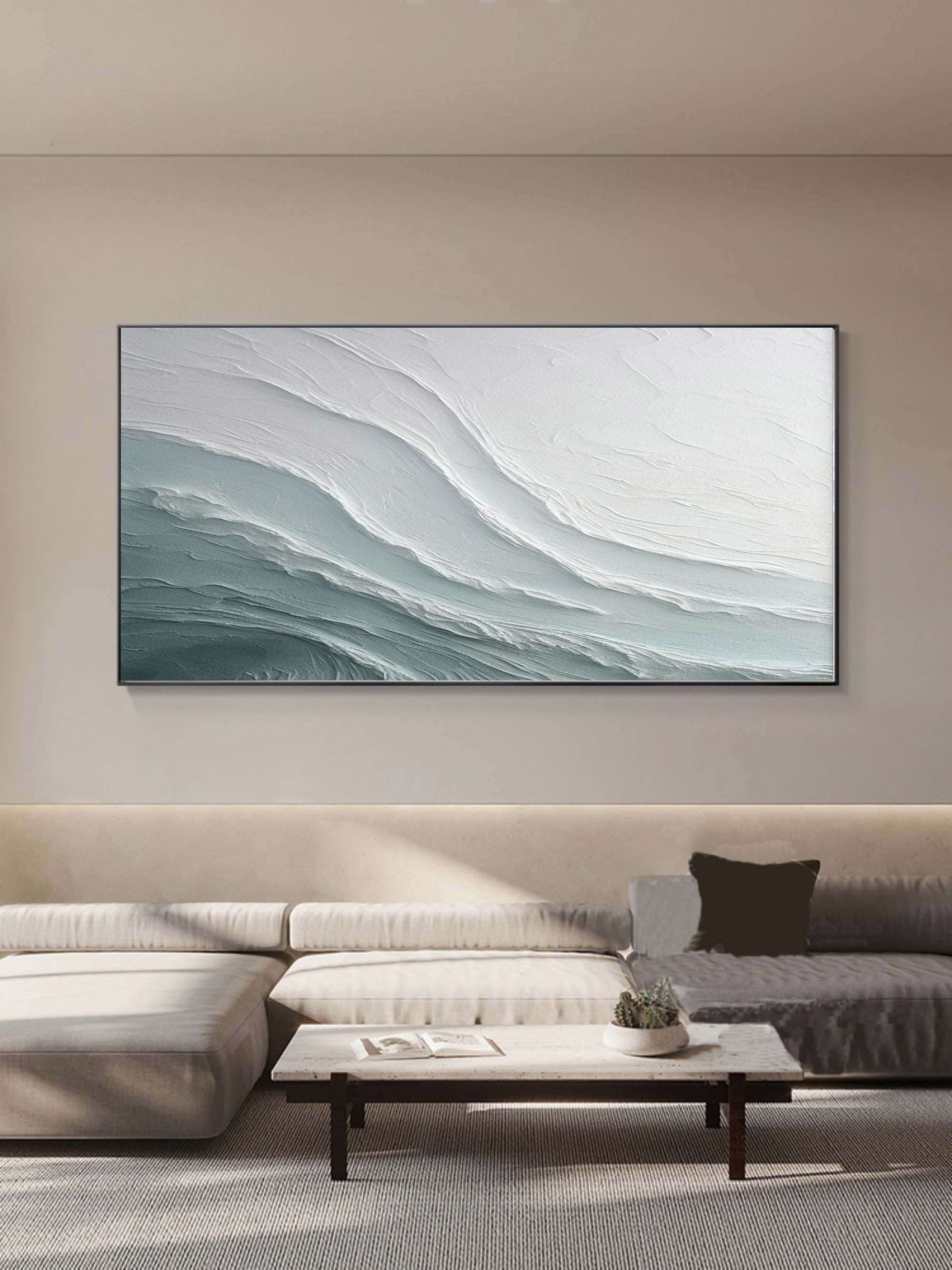 Wabi-sabi inspired flowing texture painting styled in modern luxury living room decor