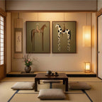 3D textured abstract figure canvas art set effortlessly completing a dining room wall near a wooden buffet.