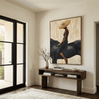 Minimalist woman riding horse art piece creating a gallery wall focal point alongside vintage wooden frames
