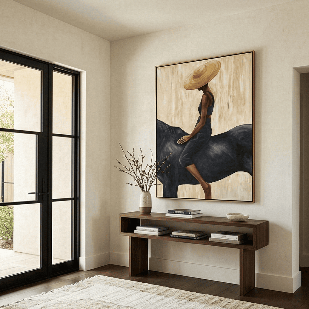 Minimalist woman riding horse art piece creating a gallery wall focal point alongside vintage wooden frames