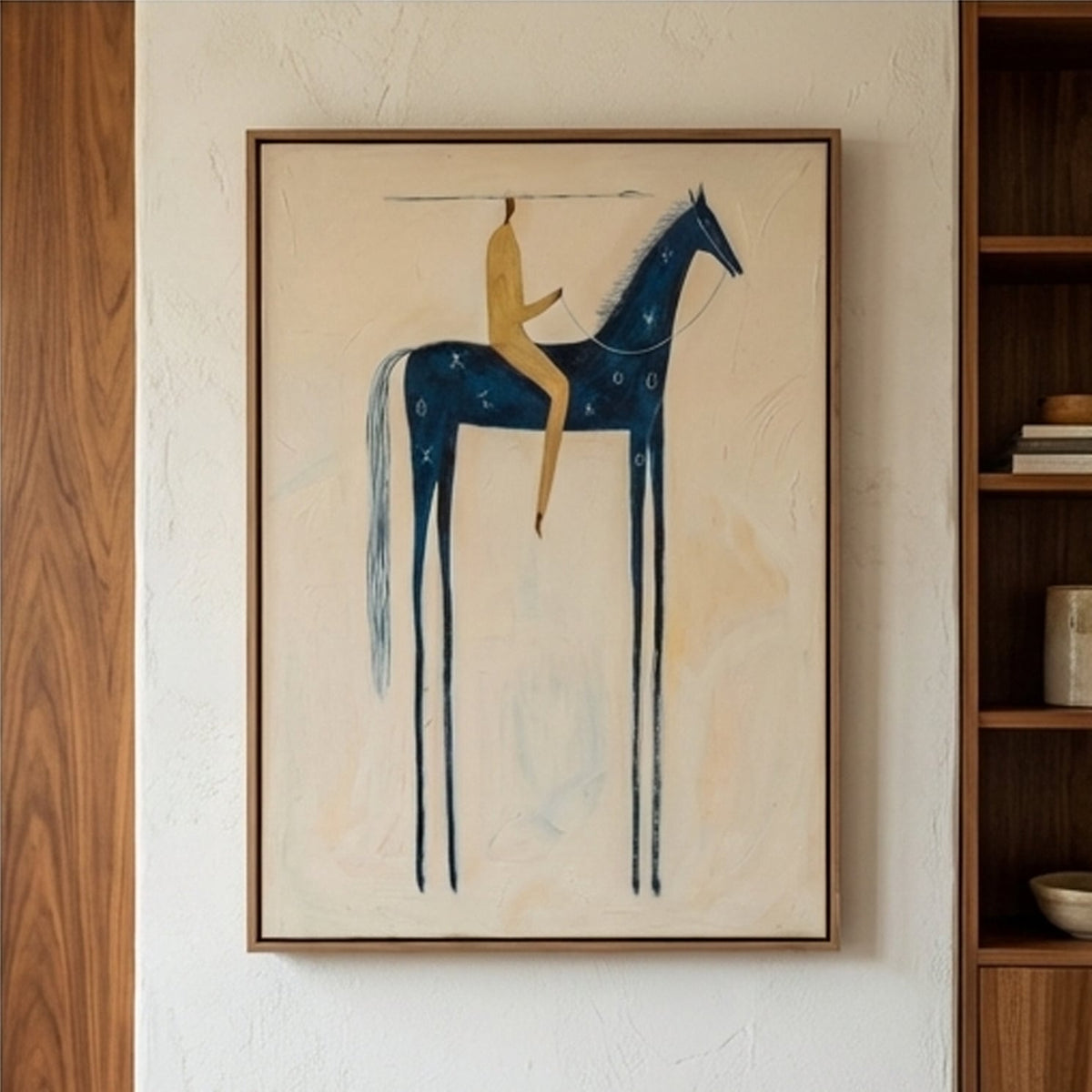 Modern folk art rider painting set effortlessly elevating a long hallway entrance wall in a modern apartment.