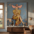 Socialite abstract woman portrait wall art featuring stylish lady in pink hat with cocktail by Parge Art.