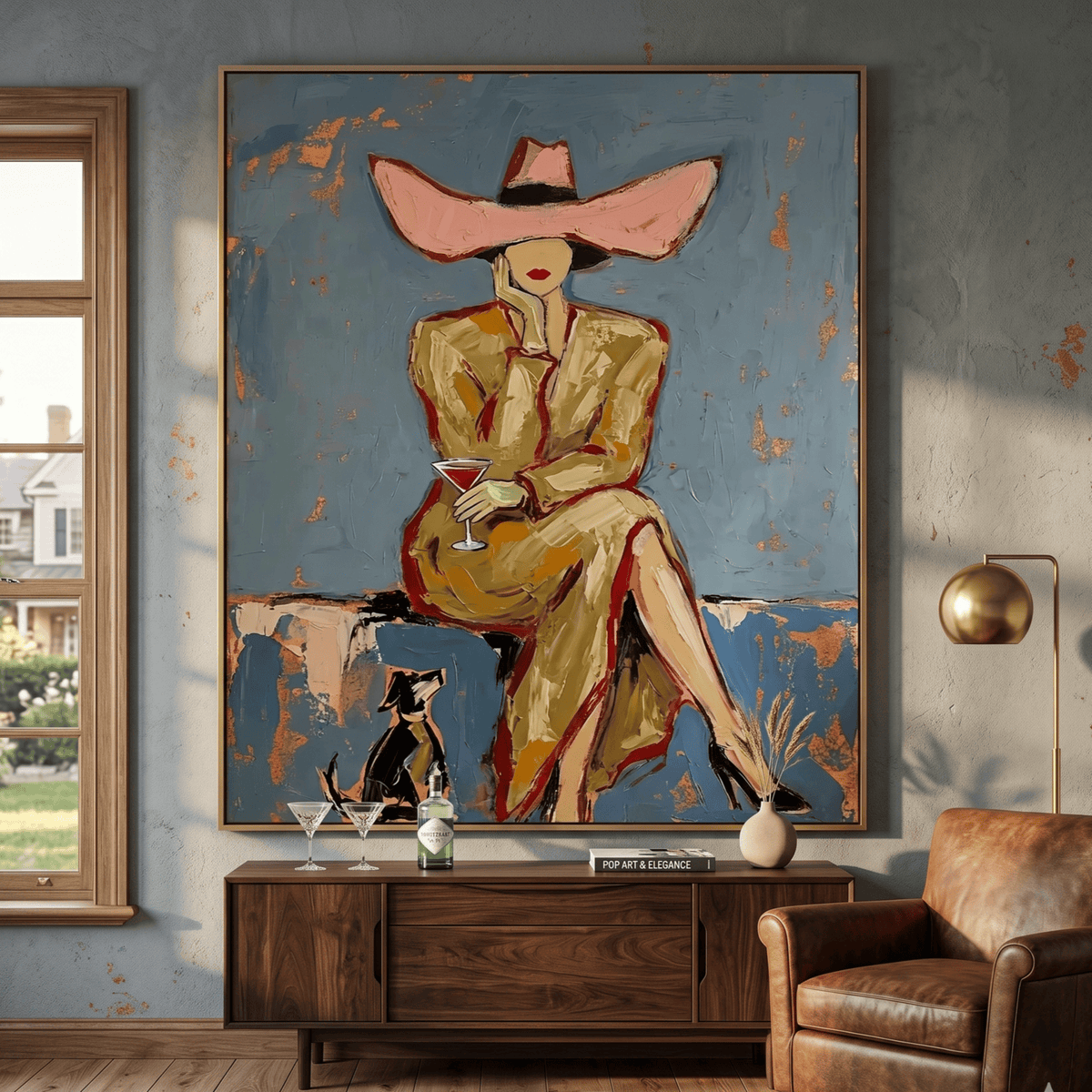 Socialite abstract woman portrait wall art featuring stylish lady in pink hat with cocktail by Parge Art.